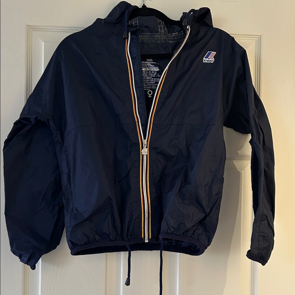 K-Way Ladies  Navy Hooded Packable Rain Jacket with Stripe Trim